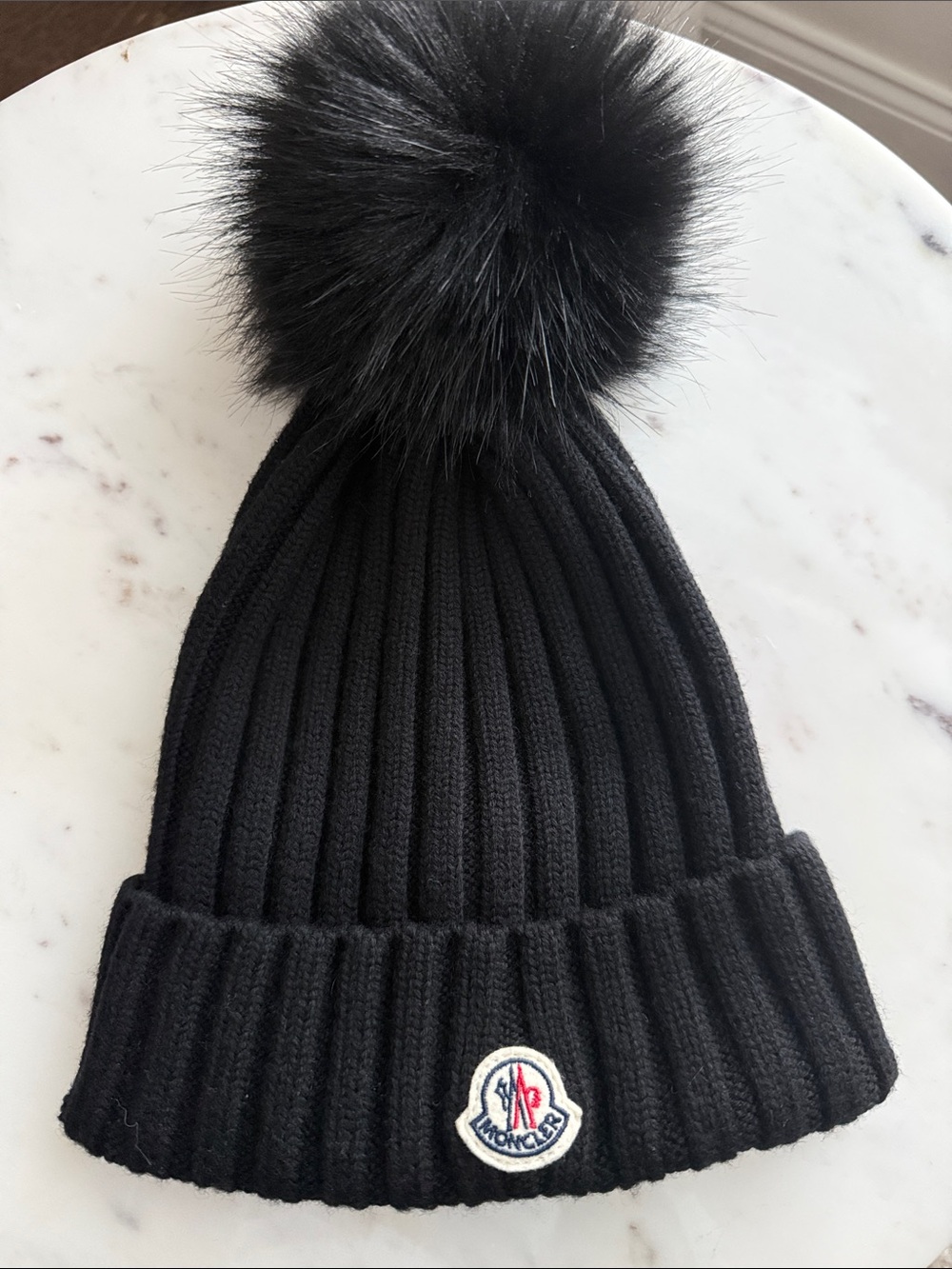Moncler Ribbed Beanie with Faux Fur Pom
